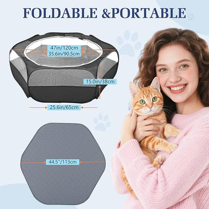 2-in-1 Small Animals Playpen with Pad, Waterproof Small Pet Cage Tent with Reusable Pad, Portable Outdoor Yard Fence with 3 Metal Rod for Chick/Kitten/Puppy/Guinea Pig/Rabbits/Chinchillas, Black