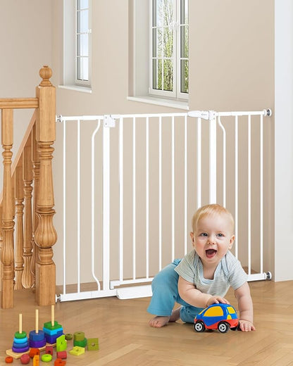 29"-45" Baby Gate for Stairs, Auto Close Stroller Friendly Dog Gate Indoor for Doorways, Pressure Mounted Baby Gate, Easy Walk Through Gate for Children & Pets, White