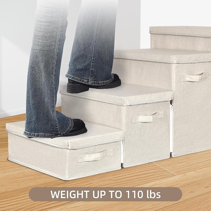 Dog Stairs with Storage, Folding Pet Steps with Zip for Small Dogs and Cats, 4-Step Pet Stairs with Pet House for High Bed, Couch and Car Ramp, Up to 200 Lbs (Beige, 4 Steps with Condo)