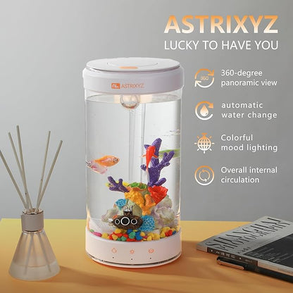 Aquarium Kit-1.5 Gallon Self-Cleaning Betta Fish Tank with 3-in-1 Filtration System, Oxygenation,Water Circulation, Multi-Color LED Lights - Quiet Desktop Aquarium for Home,Office & Gifts(White)