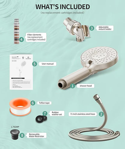 Filtered Shower Head with Handheld, High Pressure 9 Spray Mode Brushed Nickel Showerhead with Filters, detachable shower head,Water Softener Filters Beads for Hard Water - Remove Chlorine