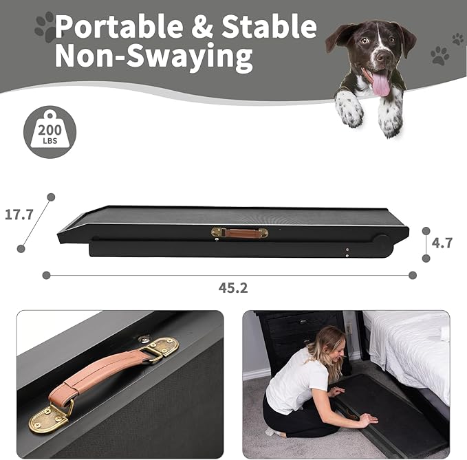 ABORON Folding Pet Ramp, 5-Level Adjustable Dog Ramp for Bed, Couch, SUV - High Traction Rubber Surface, Supports up to 200 lbs, 45.2" Long - Ideal for Small & Large Dogs & Cats,Black Finish