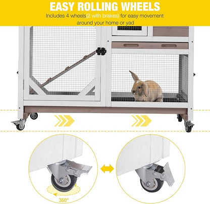Aivituvin Rabbit Cage Indoor Outdoor Bunny Hutch on Wheels, 2 Story Wood Guinea Pig Cages with 2 Deeper Pull Out Trays