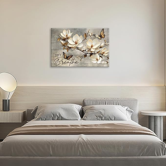 Floral Magnolia Bathroom Pictures Wall Art, Just Breathe Bathroom Wall Decor, Flower Butterfly Framed Painting Canvas Artwork for Bedroom Living Room Decorations 24"L x 16"W