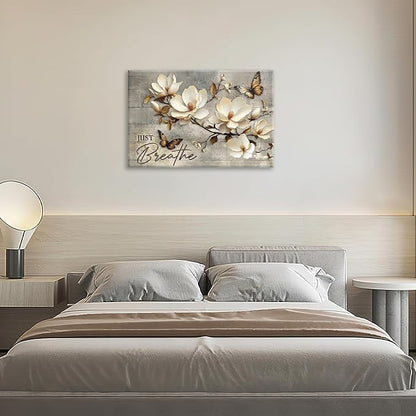 Floral Magnolia Bathroom Pictures Wall Art, Just Breathe Bathroom Wall Decor, Flower Butterfly Framed Painting Canvas Artwork for Bedroom Living Room Decorations 24"L x 16"W