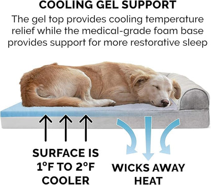 Furhaven Cooling Gel Dog Bed for Large/Medium Dogs w/ Removable Bolsters & Washable Cover, For Dogs Up to 55 lbs - Faux Fur & Velvet Sofa - Smoke Gray, Large