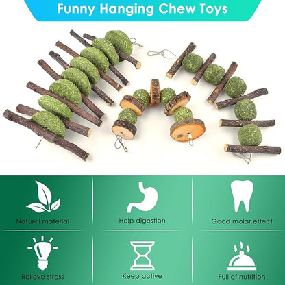 ERKOON Bunny Chew Toys, Rabbit Chew Toys for Teeth Grinding, Improve Dental Health, 100% Natural Apple Wood Timothy Grass Cake Treats for Rabbits Guinea Pigs Chinchillas Bunnies Hamsters (5 Pcs)