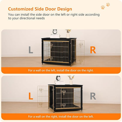 DWANTON Dog Crate Furniture with Cushion, Wooden Kennel Table with Double Doors, Indoor Dog House, Medium Size, 32.5" L, Black+Gold