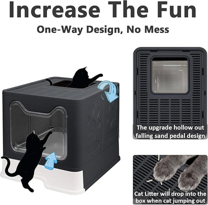 Foldable Cat Litter Box with Lid, Enclosed Potty, Large Top Entry Anti-Splashing Toilet, Easy to Clean Including Litter Scoop and 2-in-1 Cleaning Brush (Black)