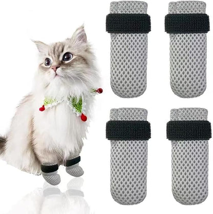 4 PCS Cat Mittens to Prevent Scratching,Mesh Breathable Cat Shoes,Adjustable Cats Anti Scratch Gloves,Suitable for Cats When Bathing and Nail Trimming(M,Grey)