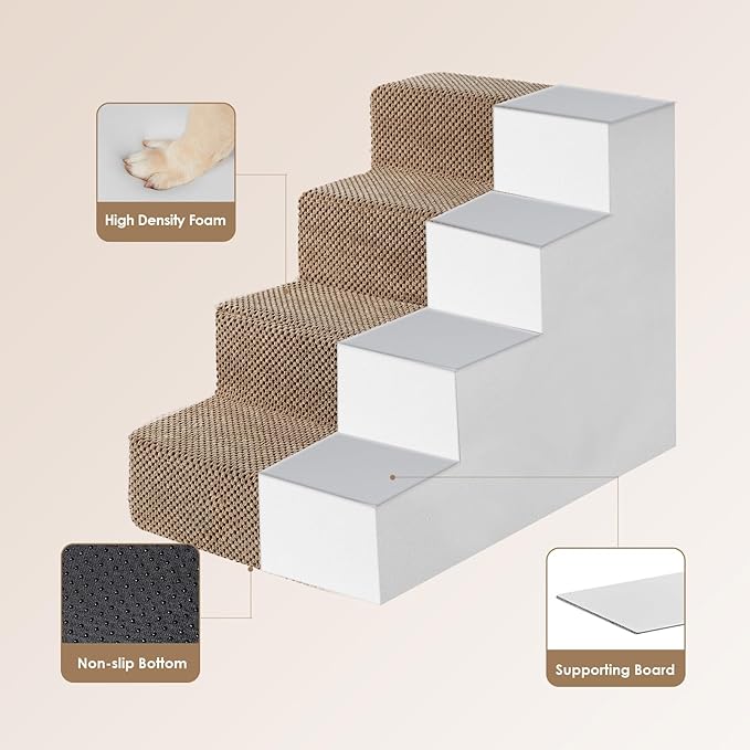 EHEYCIGA Dog Stairs for Bed 18" H, 4-Step Dog Steps for High Bed, Pet Steps for Small Dogs and Cats, Non-Slip Balanced Pet Ramp Indoor, Camel