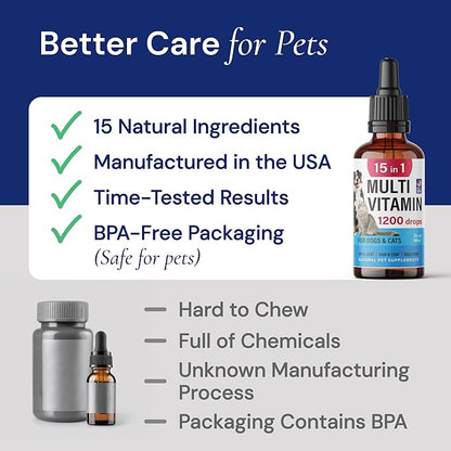 Advanced 15-in-1 Multivitamin for Dogs & Cats - Premium Liquid Supplement with Glucosamine, Vitamin B Complex and Cranberry for Joint, Digestive, Skin, Immune & UTI Support - 2.0 Fl Oz - Made in USA