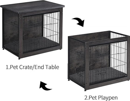 DWANTON Dog Crate Furniture with Cushion, Wooden Kennel Table with Double Doors, Indoor Dog House, Medium Size, 32.5" L, Dark Gray