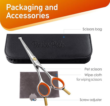Fenice Peak 5'' Small Straight Scissors Lightweight Dog and Cat Grooming Scissors with Safety Round Tip JP440C Stainless Steel Sharp Blades for Body Facial Nose Ear and Paw Hair Easy Use