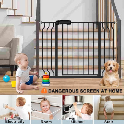 Extra Wide Baby Gate with 4.72in Extensions, Walk-Through, Auto Close, Pressure Mount Child Safety Gate (Black, Extension-4.72"/12cm)