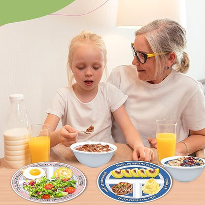 4 Pcs Portion Control Plates & Bowls Set (2 Plates + 2 Bowls, 9 Inch) - Self-Measuring for Weight Loss, Gastric Bypass, LapBand, Diabetes & Healthy Diets, Pink & Blue, for Adults & Children