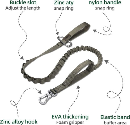 Excellent Elite Spanker Tactical Bungee Dog Leash Military Adjustable Dog Leash Quick Release Elastic Leads Rope with 2 Control Handle(Ranger Green)