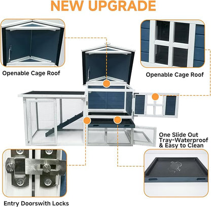 GARWOOD Large Outdoor Indoor Rabbit Hutch Wooden Bunny Rabbit Cage 2-Story with Run No-Leak Pull-Out Tray Waterproof Asphalt Roof Ramp for Guinea Pig Small Animal Wood Pet House Home Blue White