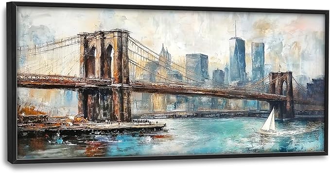 Extra Large Framed Brooklyn Bridge Wall Art,New York City Wall Decor,Abstract Skyline Cityscape Pictures for Living Room,Canvas Print Painting Modern Artwork Bedroom Office Bathroom 60L x30W