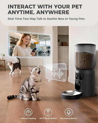 AI Cat Feeder with Dual Cameras (1 Adjustable), 2K HD Night Vision, 5G/2.4G WiFi, 6L Automatic Pet Feeder with APP Control, Laser Interactive Toy, Two-Way Audio & Scheduled Feeding