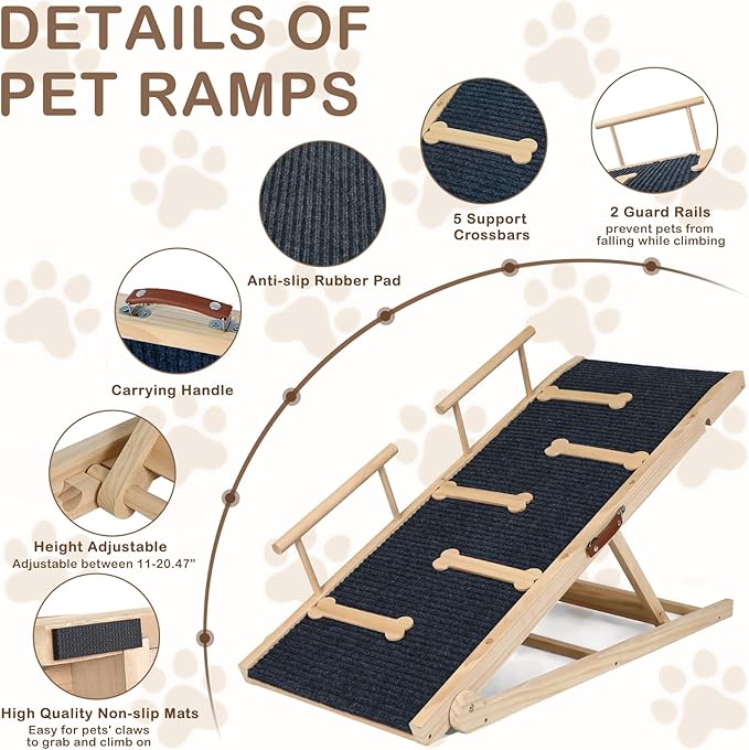 Dog Ramp for Bed, Non-Slip Pet Ramp with 5 Adjustable Heights, Portable Foldable Wooden 40" Long Pet Stairs for Small & Large Old Dogs & Cats - Lightweight & Easy Storage