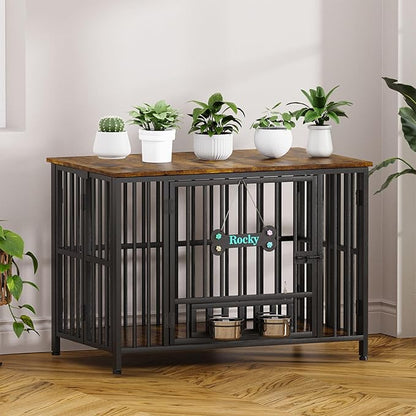 Easycom 41" Dog Crate Furniture Foldable, No Assembly Decorative Dog Kennel Indoor, Dog Crates for Large Dogs (40–65 lbs), Wooden Dog Cage with Adjustable Bowls and Name Tag, End Table, Rustic Brown