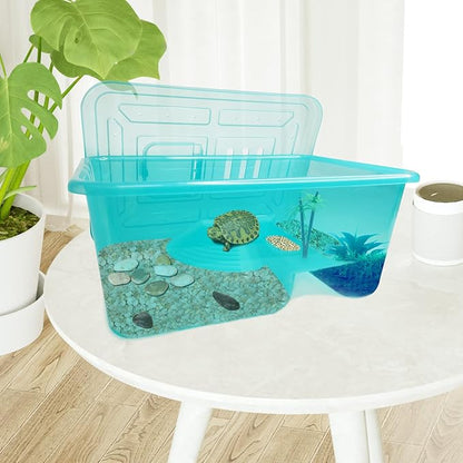 Fhiny Turtle Tank with Lid, Plastic Reptile Terrarium Turtle Breeding Box with Basking Platform Tortoise Aquarium for Crayfish Hermit Crabs Geckos Lizards Habitat Prevent Escaping (Small)