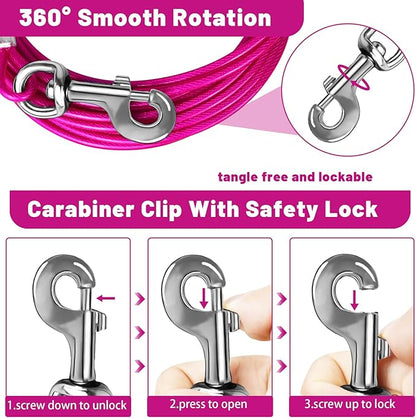 Dog Tie Out Cable 10/15/20/25/30 FT Runner for Yard Steel Wire Cable with Durable Superior Clips Pink Chains for Outside Dog Lead for Large Up to 165 Lbs