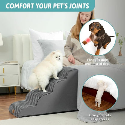 Dog Stairs for Small Dogs 19.7" H, Curved Dog Step for Puppy, Older or Cat, Medium Pet Ramp for Sofa, Couch or Bed, Ladder with High Density Foam, 15.7x28.3x19.7 inch, 4 Step, Dark Grey