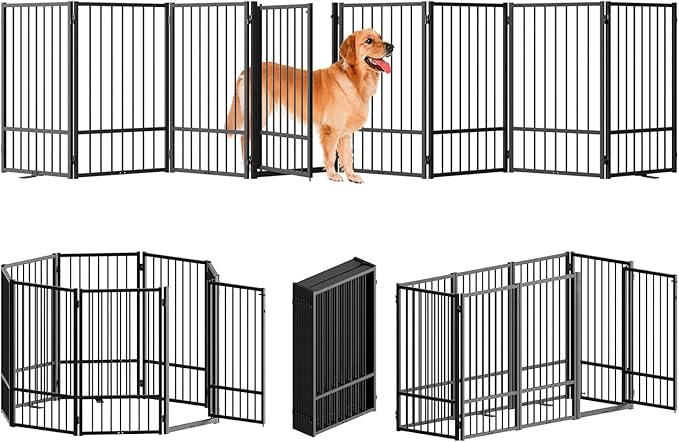 Full Metal Freestanding Dog Gate with Door, 36''Height Foldable Pet Dog Fence for Indoor & Outdoor, 8 Panels Extra Wide Free Standing TallDog Gates for Doorways,House,Stairs,Porch,Deck,Yard
