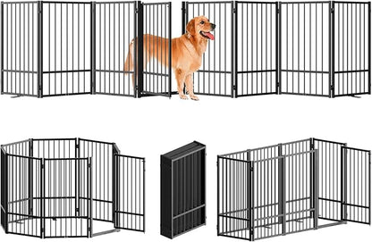 Full Metal Freestanding Dog Gate with Door, 36''Height Foldable Pet Dog Fence for Indoor & Outdoor, 8 Panels Extra Wide Free Standing TallDog Gates for Doorways,House,Stairs,Porch,Deck,Yard