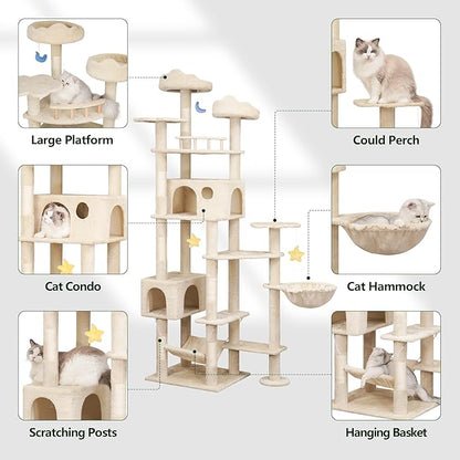 85inch Heavy Duty Cat Tree for Indoor Cats Large Adult, Tall Giant Cat Tower with Scratching Post, Large Perches, Cozy Cat Condos & Hanging Hammocks, Beige