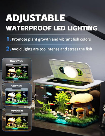 2.5 Gallon Fish Tank Small Aquarium Starter Kit with Hidden Filtration, 3 Color Light, Self Cleaning Nano Tank for Betta, Shrimp, Guppy, Angelfish