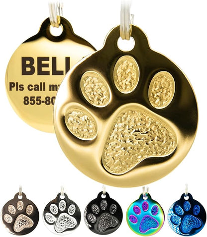 Engraved Pet Tag for Dogs and Cats - Personalized Front & Back up to 4 Lines of Text Custom Engraved ID, Round Paw Print Solid Plating Stainless Steel Gold Small