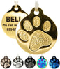 Engraved Pet Tag for Dogs and Cats - Personalized Front & Back up to 4 Lines of Text Custom Engraved ID, Round Paw Print Solid Plating Stainless Steel Gold Small
