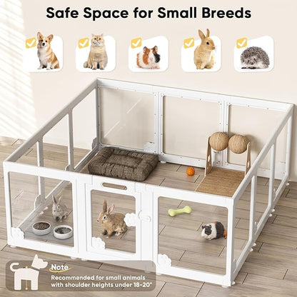 Acrylic Clear Dog Play Pen Indoors, Puppy Playpen with Door for Small Dogs Puppies, Transparent Plastic Pet Playpen Cage Fence Crate Kennel for Cat Kitten Rabbit Bunny Ferret etc (White-12 Panels)