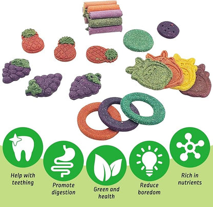 Fhiny 27 PCS Natural Bunny Chew Toys Molar Rabbit Toys Contain Timothy Grass Pumpkin Beets Purple Potatoes Carrot Hamster Treats for Chinchillas Guinea Pigs Mice Gerbils Teeth Grinding