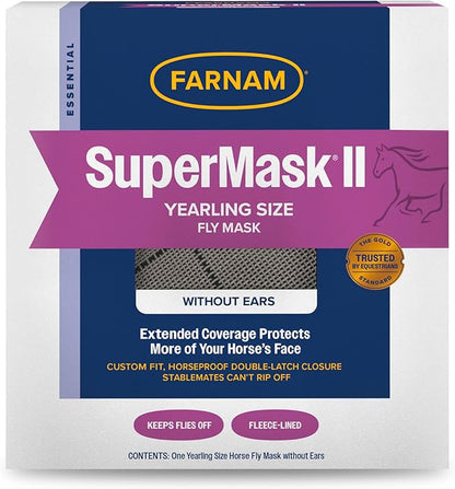 Farnam SuperMask II horse fly mask without ears, extended coverage, protects eyes from insects and debris, adjustable throat latch, Yearling size