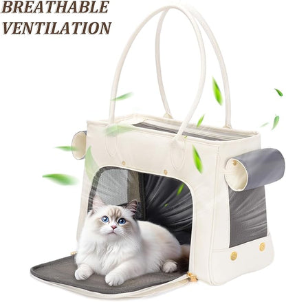 Fashion Pet Carrier Purse for Small Cat and Dog, Luxury Pu Soft-Sided Tote Bag with Large Pockets for Dogs and Puppies (White, 15.8" L x 7.5" W x 11.8" H)