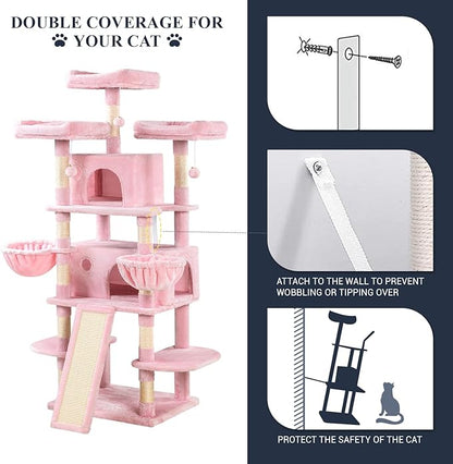 Allewie 68 Inches Cat Tree/House and Towers for Big Feline/Scratching Post/Multi-Level Large Kitty Climbing Tree with Condo/Pink