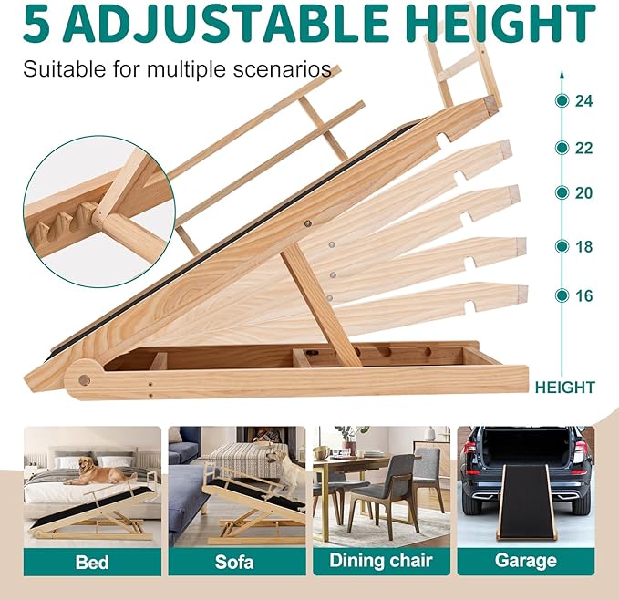 Dog Ramp for Bed, Adjustable Pet Ramps for Dog to Get on Bed, Non-Slip Rubber Surface - Folding Wooden Dog Ramp for Small/Large/Old Dogs, Adjustable up to 23.5 inch High Beds, Safety Railings