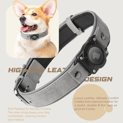 AirTag Dog Collar - Leather Dog Collar with Air Tag Holder | IPX8 Waterproof, Reflective, High - End, Adjustable Soft Padded | Dog GPS Tracker Collars Fit for Medium Large Dogs (Grey, XL)