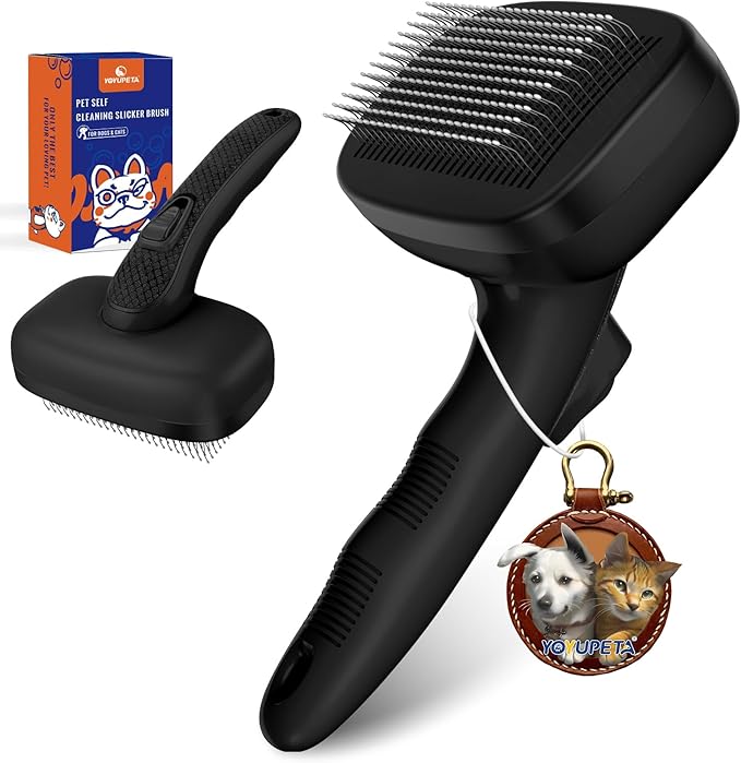 Dog Self Cleaning Slicker Brush for Shedding, Ideal for Short Long Haired Dogs, Including Cat. Removes Loose Fur, Undercoat, Mats, Tangled Hair. Suit for Large Medium Small Animal, Black