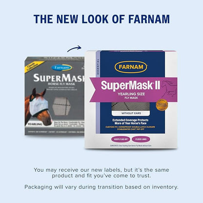 Farnam SuperMask II horse fly mask without ears, extended coverage, protects eyes from insects and debris, adjustable throat latch, Yearling size