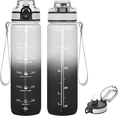 32oz Motivational Water Bottles with Time Marker & Fruit Strainer, Transparent Gradient Color Water Bottle with Times to Drink, Leakproof & BPA Free, Reusable Bottle with Strap (No Straw)