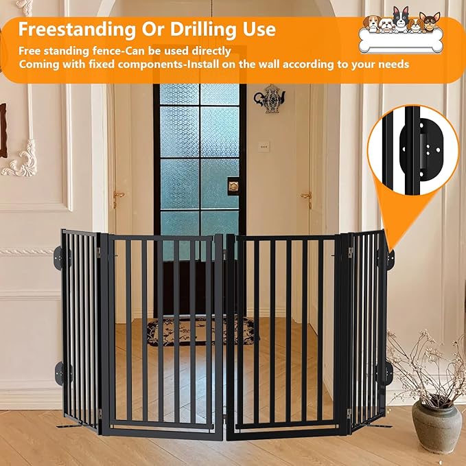 Free Standing Dog Gate with Door for Indoor Outdoor, Portable Dog Fence Foldable Design, Metal Black 32" Tall, Expandable 4 Panels Use for Front Door, Yard, Stairs