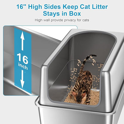 16'' High Sides XXXL All Stainless Steel Cat Litter Box with Lid,8'' Deep Metal Litter Box for Big Cats,Extra Large Litter Boxes with High Wall Enclosure,Anti-Leakage,Never Absorbs Odors,Non-Sticky