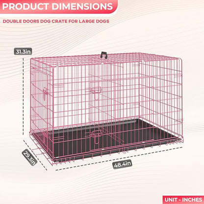 FDW Dog Crate for Large Dogs 48 Inch Folding Metal WirePet Cage Double Door W/Divider Panel Indoor Outdoor Kennel Leak-Proof Plastic Tray,Pink