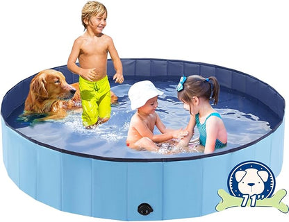 Foldable Dog Bath Swimming Pool Plastic Kiddie Pool Professional Tub Collapsible Grooming Bathtub for Pets Kids Baby and Toddler, 71 x 12 Inches Blue