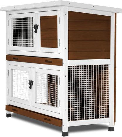 2 Story Rabbit Hutch, Indoor Outdoor Bunny Hutch Solid Wood Rabbit Cage with Removable Trays, Waterproof Asphalt Roofs and Ventilation Door, Small Animal House for Rabbit Guinea Pig Ferret, Walnut